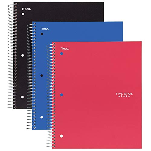 Five Star Spiral Notebooks, 1 Subject, Wide Ruled Paper, 100 Sheets, 10-1/2" x 8", Red, Black, Blue, 3 Pack (73059) - style: Primary