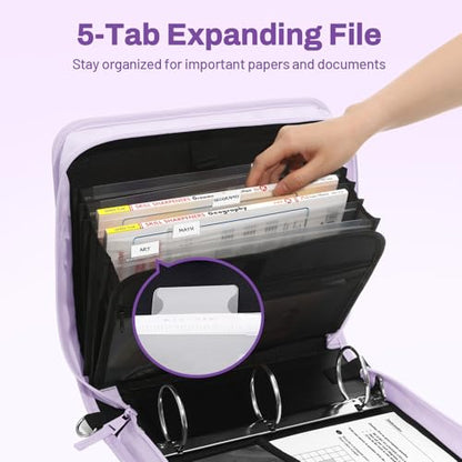 SUNEE Zipper Binder 3 Ring, 3 Inch O-Ring with Handle and Shoulder Strap, 600-Sheet Capacity, 5-Tab Expanding File Folder, Multi-Pockets for Middle School Organizer Binder with Zipper, Lavender Purple - color: Lavender Purple