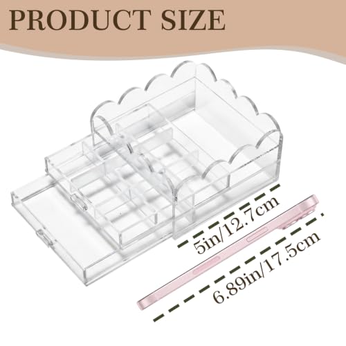Scalloped Clear Acrylic 2-Drawer Organizer 5" x 5" with Removable 9 Compartment Divider, Storage Case for Sewing Supplies and Small Jewelry