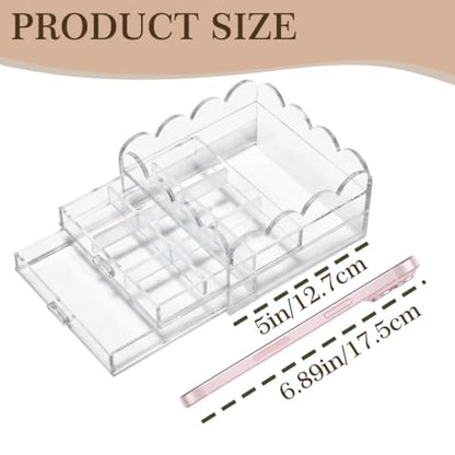 Scalloped Clear Acrylic 2-Drawer Organizer 5" x 5" with Removable 9 Compartment Divider, Storage Case for Sewing Supplies and Small Jewelry