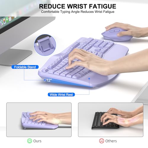 Wireless Keyboard and Mouse Combo, 2.4G Full Size Wave Keys Ergonomic Keyboard with Wrist Rest and 3-Level DPI Adjustable Wireless Ergonomic Mouse for Windows, Mac OS Desktop/Laptop/PC(Purple) - color: purple