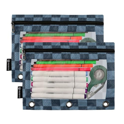 Steelblue Buffalo Plaid Binder Pouches 3 Ring for Boys Girls School Office College Supplies Blue Chessboard Darkblue Turquoise Aqua Pencil Pouches Case Bag with Clear Window and Zipper 2 Pack - color: Steelblue