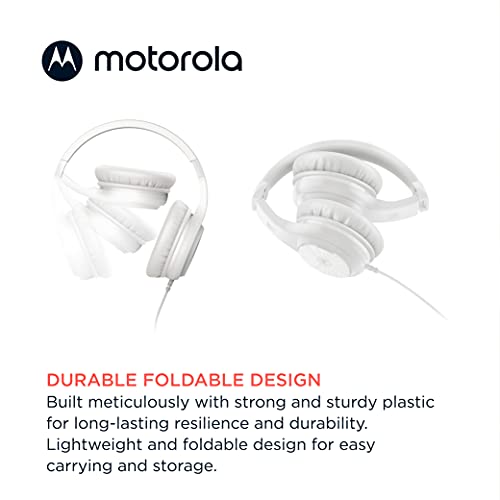 Motorola Sound Moto XT120 Over Ear Headphones Wired with Microphone, in-Line Command Control for Calls - Foldable Wired Headphones with Adjustable Cushioned Headband, Dynamic Bass, 3.5mm Jack - White - color: White