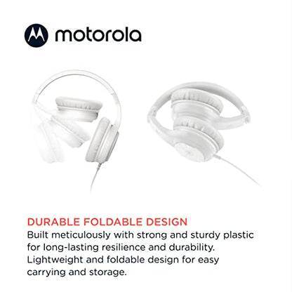 Motorola Sound Moto XT120 Over Ear Headphones Wired with Microphone, in-Line Command Control for Calls - Foldable Wired Headphones with Adjustable Cushioned Headband, Dynamic Bass, 3.5mm Jack - White - color: White