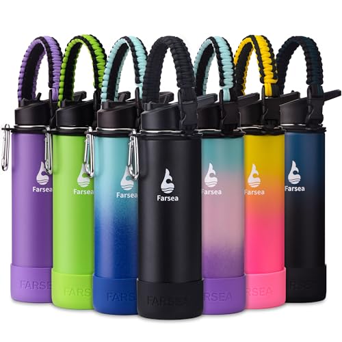 Farsea Insulated Water Bottle With Paracord Handle, Protective Boot and 2 Lids (Straw Lid & Spout Lid), Stainless Steel Water Bottle Wide Mouth, Double Wall Sweat-Proof BPA-Free, 24 oz - color: Black, size: 24 Ounces