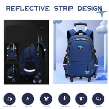 Boys Rolling Backpack Elementary Middle School Students Bookbag with Wheel Teens Trolley Removable Schoolbag - color: B-black&red