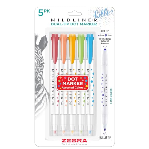 Zebra Pen Mildliner Dual-Tip Dot Stamp Marker, Water-Based Pigment Ink, Create Small and Large Bullets & Dots, Five Assorted Colors, Ideal for Journaling and Bulleted Lists, 5-Pack (73405) - color: Assorted 5