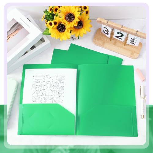 Gueevin 100 Pack Plastic Folder with Pockets, 2 Pocket Folders, Plastic Glossy Folders Fit Letter Size Paper, Heavy Duty Durable File Folder with Business Card for Home Office School (Green) - color: Green