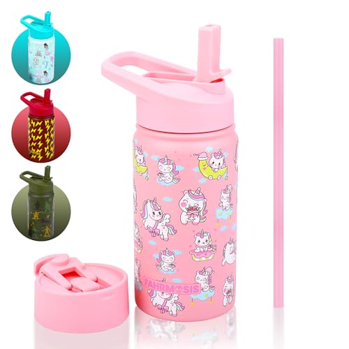FAHRMOSIS 14 OZ Kids Water Bottle with Straw & 2 Lids (Flip & Spout) Leak Proof Metal Insulated Stainless Steel Reusable Tumbler for School & Sports Water Bottle - Pink (Unicorn) - color: Pink(Unicorn), style: Water Bottle - 14 OZ