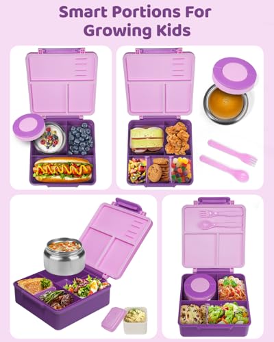 SOHIDA Bento Box with 10oz Soup Thermo: Kids Leakproof Lunch Box with 3 Compartments - Dishwasher Safe and BPA-Free - Vacuum Insulated Food Jar Suitable for Kids Back to School, Travel - Purple - color: Purple