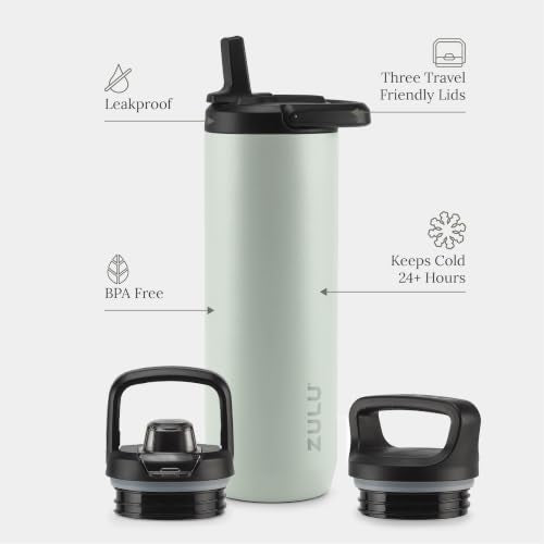 ZULU Base 24oz Stainless Steel Water Bottle with 3 Lids- Straw, Chug, Twist | Double Walled and Vacuum Insulated Metal Thermos | Fits Car Cupholder, Built in Carry Loop, Dishwasher Safe, Sage - color: Sage, style: 24oz