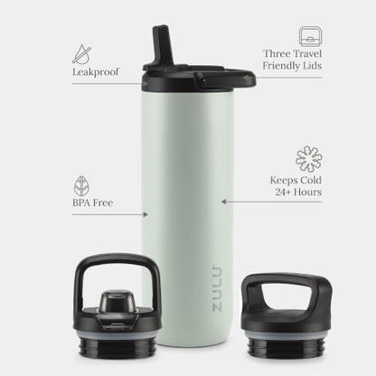 ZULU Base 24oz Stainless Steel Water Bottle with 3 Lids- Straw, Chug, Twist | Double Walled and Vacuum Insulated Metal Thermos | Fits Car Cupholder, Built in Carry Loop, Dishwasher Safe, Sage - color: Sage, style: 24oz