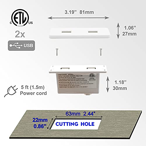 Powered USB Hub Socket Recessed USB Power Strip Outlet with Power Supply 2 USB Ports 2.1A Mounted into Bed Desk Table Sofa White - color: White