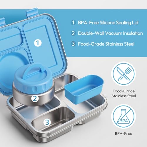 Stainless Steel Bento Lunch Box with 8oz Insulated Food Jar, 3 Compartment Metal Bento Lunch Container for Kids & Adults with Silicone Container and Food Thermo for Work & School, BPA-Free(Blue) - color: Blue