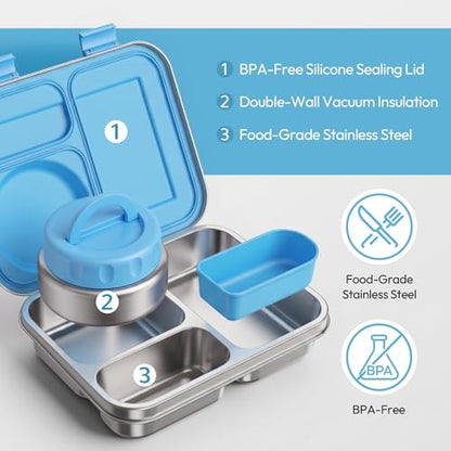 Stainless Steel Bento Lunch Box with 8oz Insulated Food Jar, 3 Compartment Metal Bento Lunch Container for Kids & Adults with Silicone Container and Food Thermo for Work & School, BPA-Free(Blue) - color: Blue