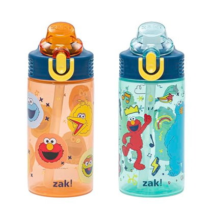 Zak Designs Sesame Street Sage Kids Water Bottle For School or Travel, 16oz Durable Plastic Water Bottle With Straw, Handle, and Leak-Proof, Pop-Up Spout Cover, 2-Pack Set (Elmo & Friends) - color: Elmo & Friends
