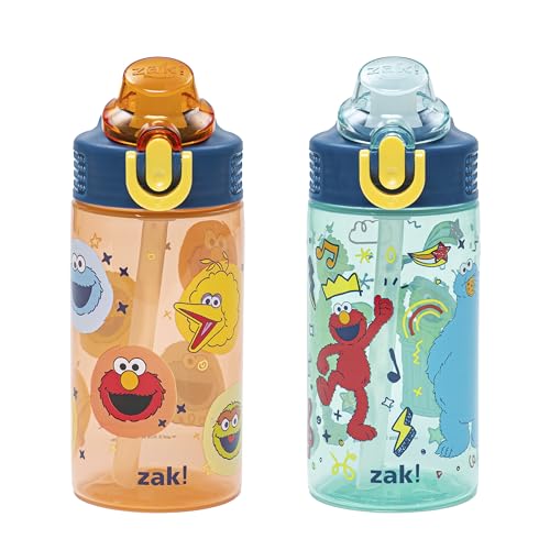 Zak Designs Sesame Street Sage Kids Water Bottle For School or Travel, 16oz Durable Plastic Water Bottle With Straw, Handle, and Leak-Proof, Pop-Up Spout Cover, 2-Pack Set (Elmo & Friends) - color: Elmo & Friends