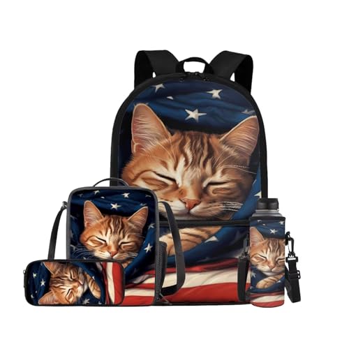 American Flag Cat Backpack for Girls Boys Backpack with Lunch Box Water Bottle Holder and Soft Pencil Pouch 4PCS Set Cute Bookbag with Front Pocket for School 17 inch Large School Bag for Kids - color: American Flag Cat