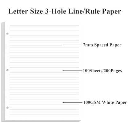 3-Hole Lined Refill Paper, Letter Size Punched Ruled Filler, 100 Sheets / 200 Pages, 100gsm White Paper, 8.5'' x 11'' - size: 100 Sheets, style: 3-Hole