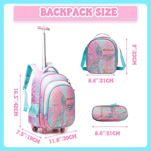 Meetbelify Girls Rolling Backpack Wheels Backpacks Kids Luggage for Elementary Preschool Students Cute Pink Mermaid Suitcase Trolley Trip Carry On Bag for Girls Ages 6-8 - color: 01 Pink Mermaid