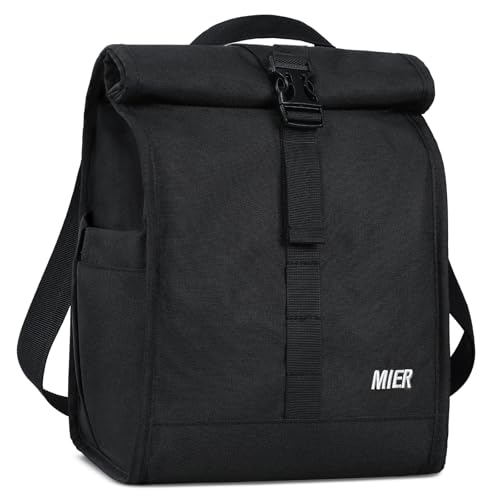 MIER Insulated Lunch Bag Roll Top Lunchbox for Women Men Adults Foldable Rolltop Lunch Tote with Shoulder Strap for Work Office Picnic, Water Bottle Holder, Black - color: Black