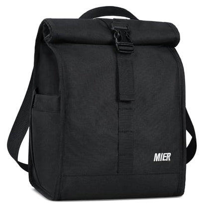 MIER Insulated Lunch Bag Roll Top Lunchbox for Women Men Adults Foldable Rolltop Lunch Tote with Shoulder Strap for Work Office Picnic, Water Bottle Holder, Black - color: Black