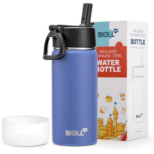 Kids Insulated Water Bottle with Straw-16 oz Stainless Steel Double Wall Vacuum Wide Mouth Water Bottle for School-Metal Travel Water Flask with Silicone Boot (Royal Blue) - color: Royal Blue, size: 16 Ounces