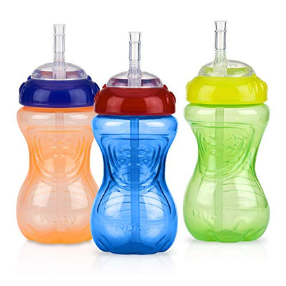 Nuby No-Spill Sippy Cup with Flex Straw - (3-Pack) 10-Ounce Bottles - Sippy Cups for Toddlers 12+ Months - Neutral Color Training Cups for Toddlers - color: Blue, Green & Yellow