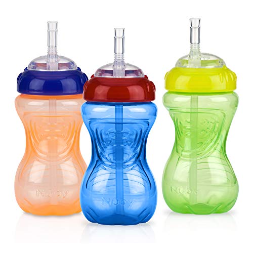 Nuby No-Spill Sippy Cup with Flex Straw - (3-Pack) 10-Ounce Bottles - Sippy Cups for Toddlers 12+ Months - Neutral Color Training Cups for Toddlers - color: Blue, Green & Yellow