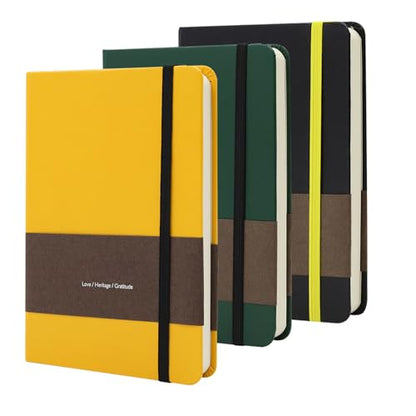 A6 Leather Hardcover Notebook- 3Pack 192 Pages Thick 100GSM Paper, Dotted/Grid/Blank, with Elastic Band & Inner Pocket for Writing, Sketching, Journaling - color: Yellow+Green+Black, size: A6
