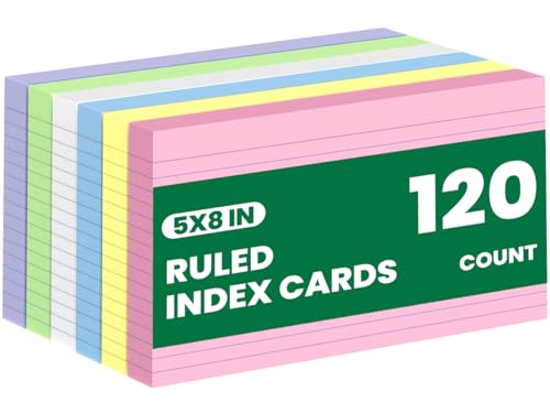 120 Count Colored Index Cards 5x8 Lined Colorful Notecards 6 Color Lined Flashcards for Studying 5 x 8 Index Cue Cards Ruled Notecards Multicolor Note Cards Flash Cards for Notes Office School Recipes - color: Multicolored-5x8-100