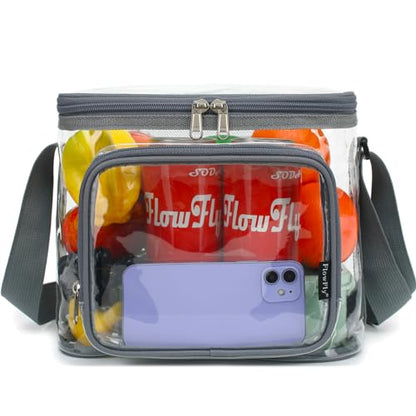 FlowFly Insulated Reusable Lunch Bag Adult Large Lunch Box for Women and Men with Adjustable Shoulder Strap,Front Zipper Pocket and Dual Large Mesh Side Pockets,Clear#Grey - color: Clear#Grey