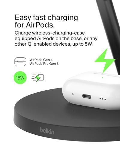 Belkin MagSafe-Compatible iPhone Charger, 3-in-1 Wireless Charging Station, Qi2-Certified 15W Wireless Charge for Apple iPhone 17 Series, Apple Watch, AirPods w/Non-Slip Base, 40W Included - Black - color: Black, style: Matte Finish
