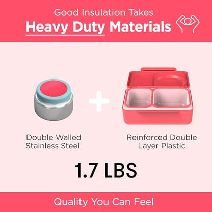 Omie OmieBox UP bento Box for Kids | Insulated Lunch Box | Leak Proof Vacuum Insulated Thermal Food jar | Cooler ice Pack | 2 Compartments (Cherry Pink) - color: Cherry Pink