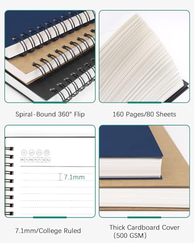Dynta Large Spiral Notebooks 8.5 "x 11" Lined 3Pcs College Ruled Journals for Work, School And Travel, Good for Students and Office, 160 Pages/80 Sheets with 100 GSM Lined Paper(Kraft Brown) - color: Brown