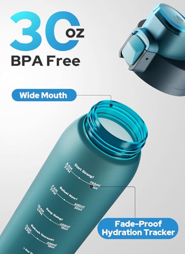 Opard Zip 30oz Plastic Water Bottle Dishwasher Safe, Leakproof Flip-Top Lid, BPA Free Tritan, Wide Mouth Reusable Sports Water Bottle for Gym Hiking Commuting Outdoor Travel and School - color: Peacock Blue, style: 30 Ounces