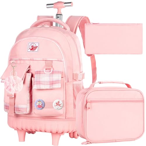 gxtvo 3PCS Rolling Backpack for Girls, Women Wheeled Bookbag with Lunch Box for Adults, Kids Water Resistant Roller School Bag for Teens Travel - Pink - color: 3pcs Set Pink