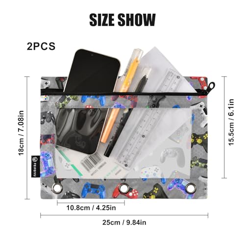 Gamepad Pencil Pouch for 3 Ring Binder, Binder Pencil Pouches with Clear Window Zipper Pencil Case for Office College Supplies, 2PCS (B0313) - color: B0313