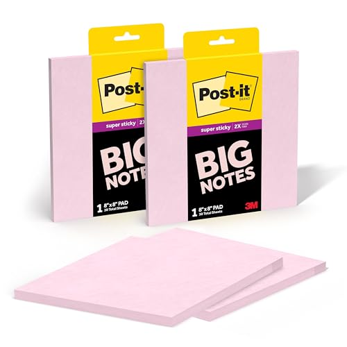Post-it Super Sticky Big Notes, 8 in. x 8 in., Extra Large Sticky Notes in Pink Salt, 2 Pads, 60 Sheets Total, Great for Vision Boards, Creative Projects, Study Spaces, Group Brainstorming, and More - color: Pink Salt