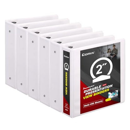 Comix Sturdy 3 Ring Binder 2 inch with Clear View Cover, 2" Round Ring View Binder, PVC-Free, 2.4mm-Thick, 450 Sheets Capacity of US Letter Size Paper, Office ＆ School Supplies, Pack of 6 (White) - color: White, size: 2 Inch, style: 6 Pack
