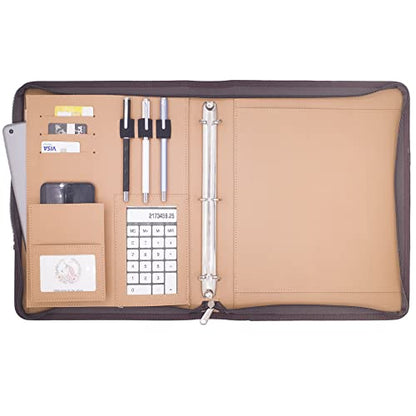 ECEIRO Leather Portfolio Ring Binder - Three Ring Binder Organizer Zippered Padfolio Folder Portfolio Organizer with Hidden Handle Cute Office Leather Binder - Gifts Supplies for Women