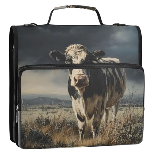 3 Ring Zipper Binder Retro Milk Cow Binders Bag with Shoulder Strap 500 Sheets Paper Organizer Trapper Keeper Documents Storage File Folder for School Office - color: A2849