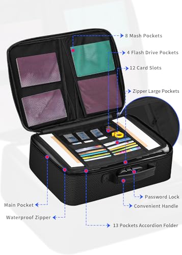 TOPCJ Fireproof Document Box with Lock,Waterproof Document Organizer with Zipper,Heat Insulated Accordion File Organizer,Portable File Box for Important Documents,Files,13 Pockets - style: Luxurious