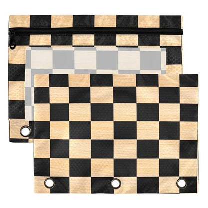 Sandybrown Chessboard Binder Pouches 3 Ring for Boys Girls School Office College Supplies Black Buffalo Plaid Brown Pencil Pouches Case Bag with Clear Window and Zipper 2 Pack - color: Sandybrown