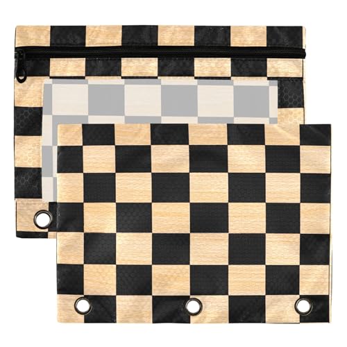 Sandybrown Chessboard Binder Pouches 3 Ring for Boys Girls School Office College Supplies Black Buffalo Plaid Brown Pencil Pouches Case Bag with Clear Window and Zipper 2 Pack - color: Sandybrown