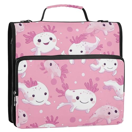 Boccsty Axolotls Polka Dots Pink Zipper Binder 3 Ring Binders Expanding File Folder Multi-Pocket Zipper Binder Organizer for School Shoulder Strap and Handle - color: Multicolored 05