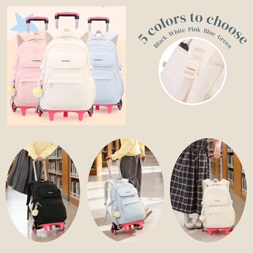 EKUIZAI Solid Girls Rolling Backpack for Kids Roller Bookbag with Wheels for Middle School Students Girls Trolley Backpack， Black - color: A-6-wheel Black, style: 6 Wheels