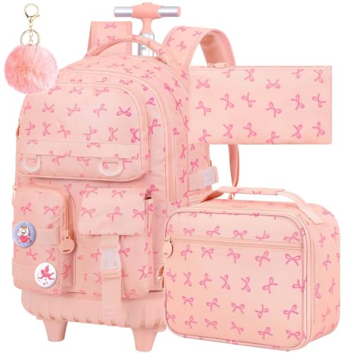 CCJPX 3Pcs Rolling Backpack for Girls, Roller Wheeled School Bookbag, Bow Wheels Backpacks with Lunch Box for Kids (Pink) - color: Bow Pink