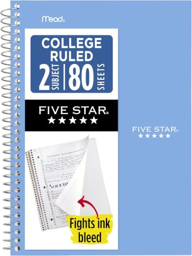 Five Star Spiral Notebook, 2 Subject, College Ruled, 9 1/2" x 6" 80 Sheets, Tidewater Blue (840029CG1-ECM) (Pack of 12) - color: Blue, size: Pack of 12