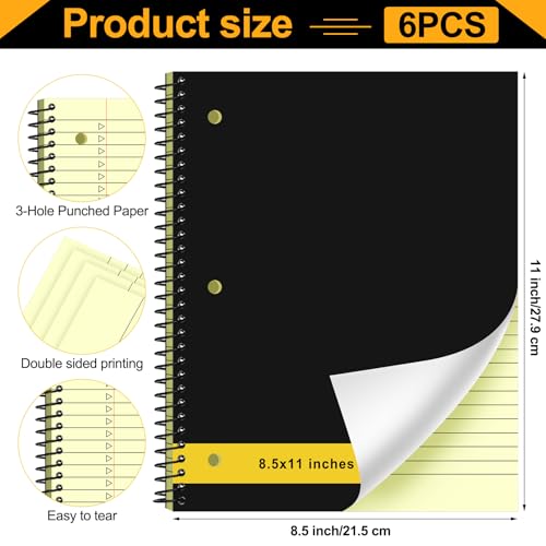 Resurhang 6 Pcs Legal Pad Top Spiral Bound Notebook 70 Sheets Double Sided College Ruled Paper Notepad Memo Steno Pad with Stiff Cover for Business College (8.5 x 11 Inches,3 Hole Punch,Yellow) - color: Yellow, size: 8.5 x 11 Inches, style: 3 Hole Punch